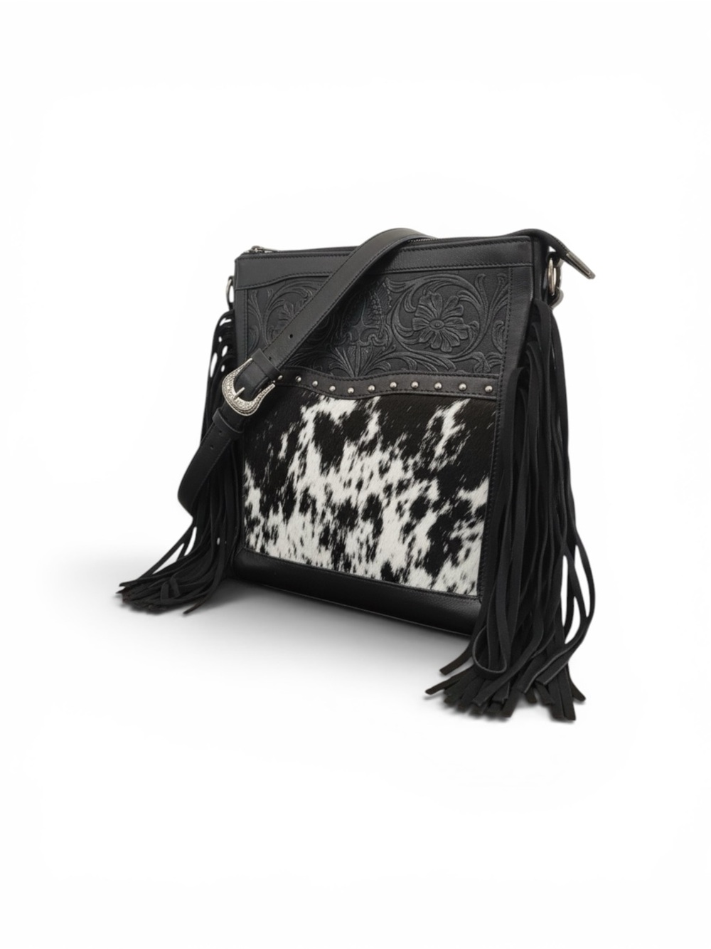 Montana West Black & White Cowhide Fringe Crossbody Bag - Picture 4 of 11